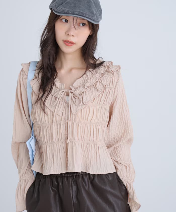 撞色前後2way荷葉邊罩衫