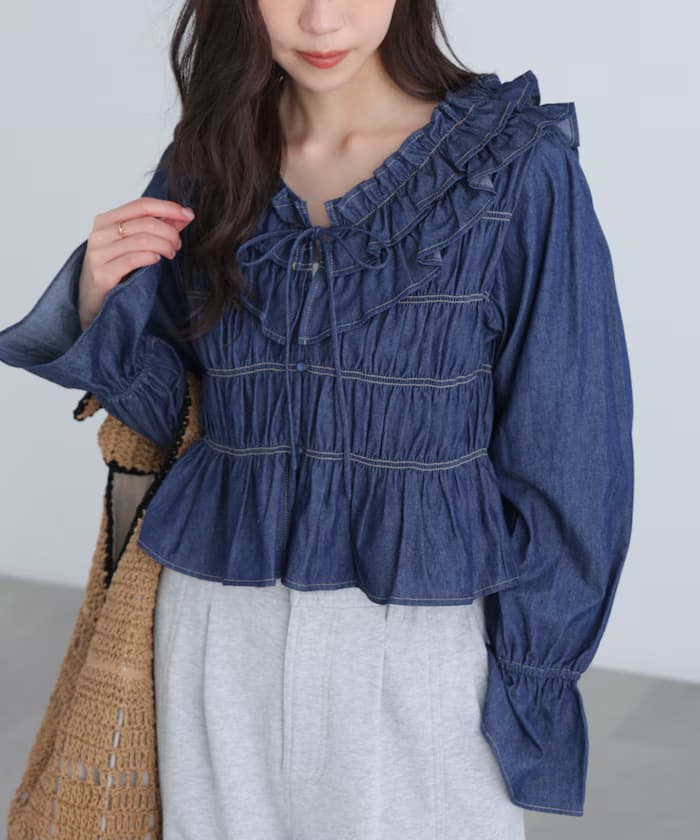 撞色前後2way荷葉邊罩衫