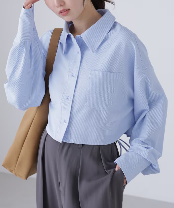 後蕾絲綁帶短版襯衫