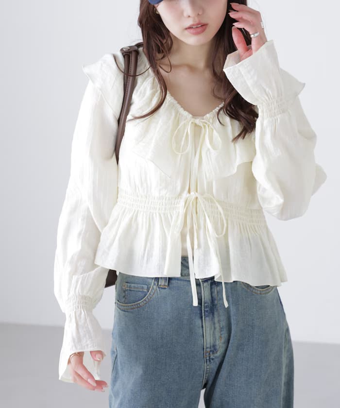 衿荷葉邊垂褶前開き罩衫