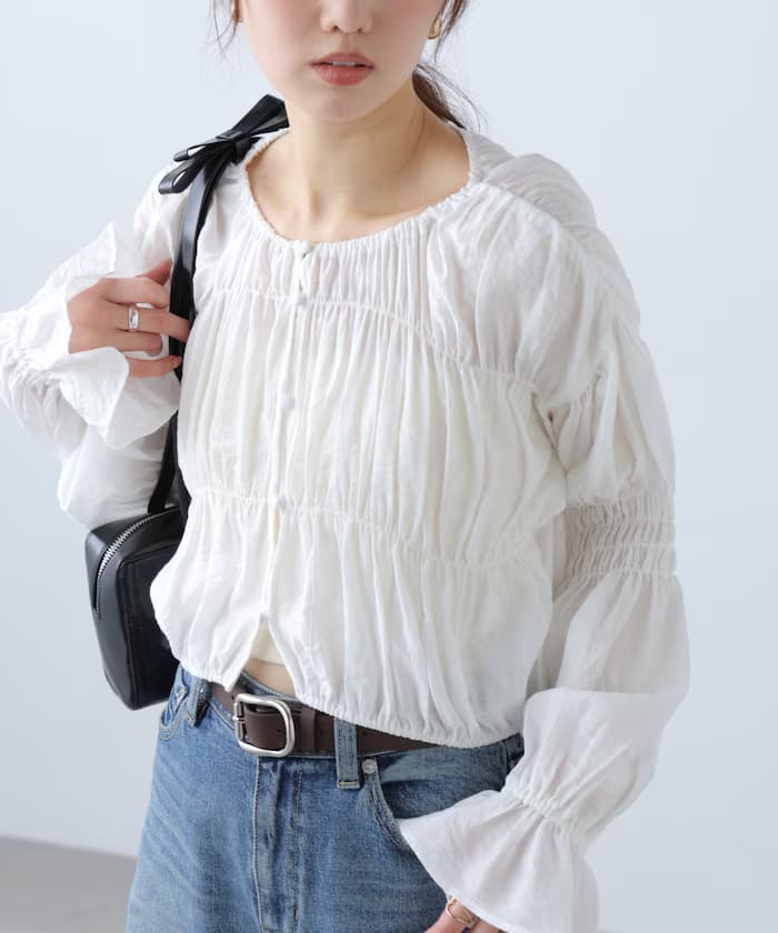 透視皺褶前開き短丈罩衫