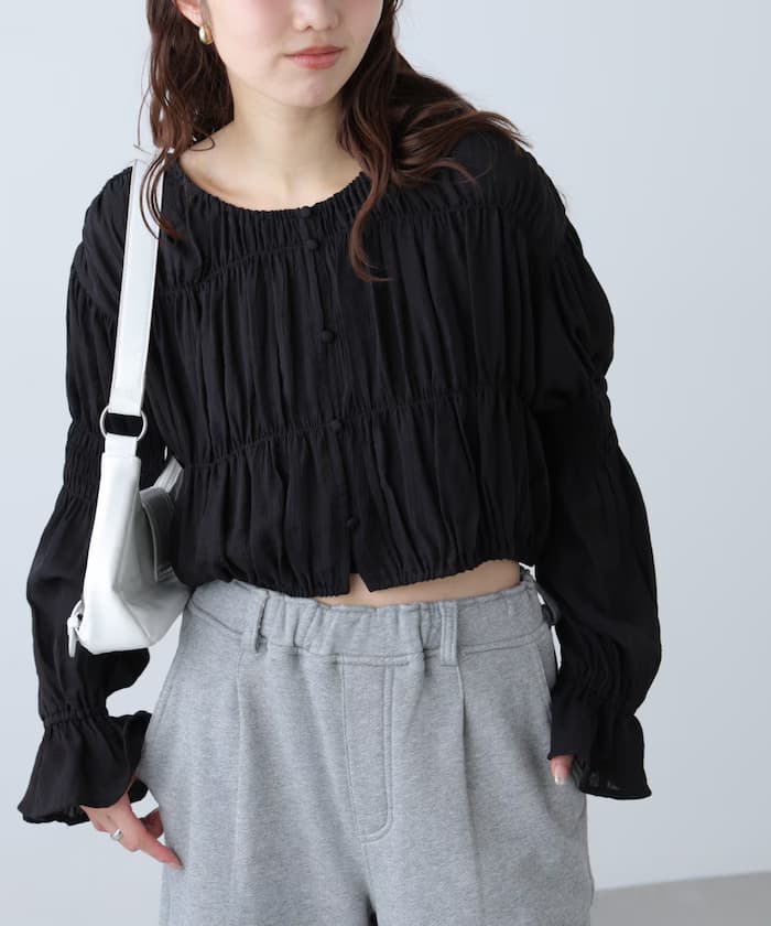 透視皺褶前開き短丈罩衫