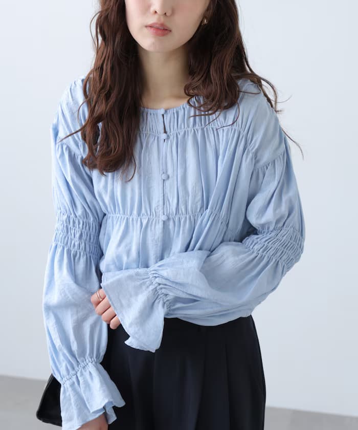 透視皺褶前開き短丈罩衫