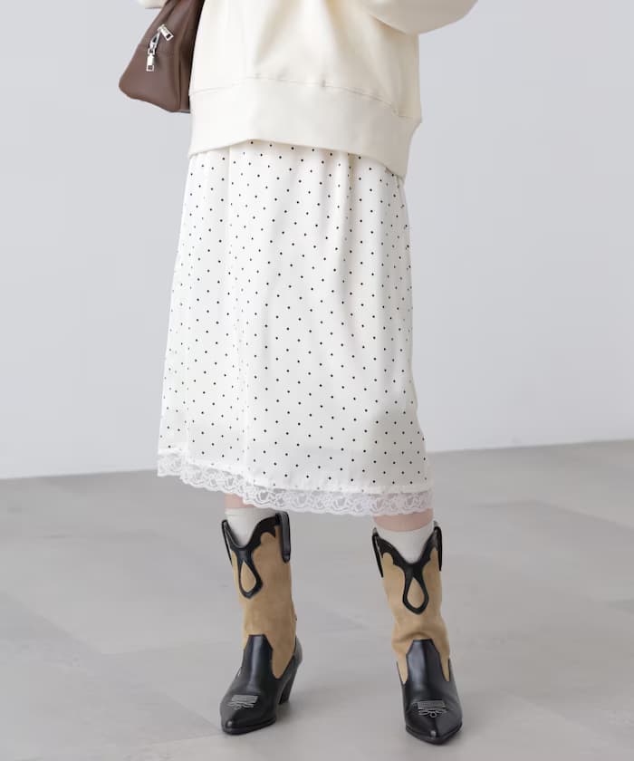 蕾絲緞面中長裙子