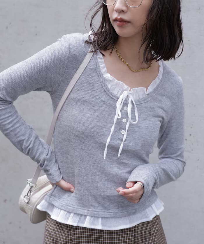 層次感荷葉邊蝴蝶結上衣