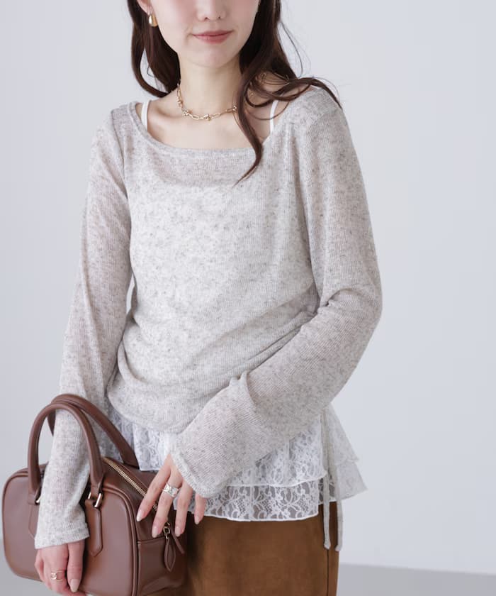 棉混紡露肩蕾絲層次細肩帶套裝