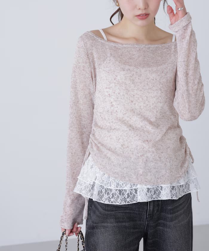 棉混紡露肩蕾絲層次細肩帶套裝