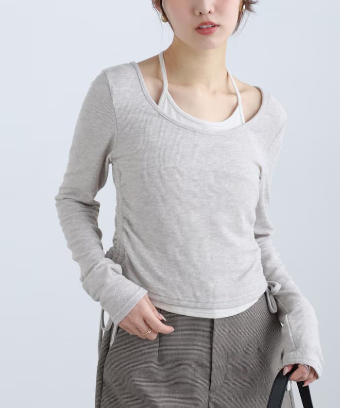 露肩挖背分層側束繩上衣