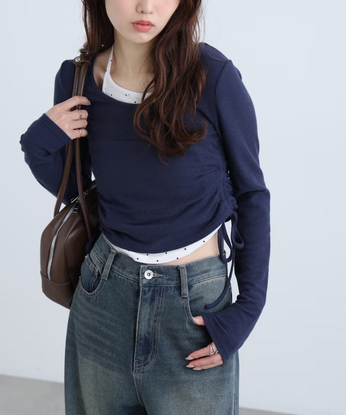 露肩挖背分層側束繩上衣