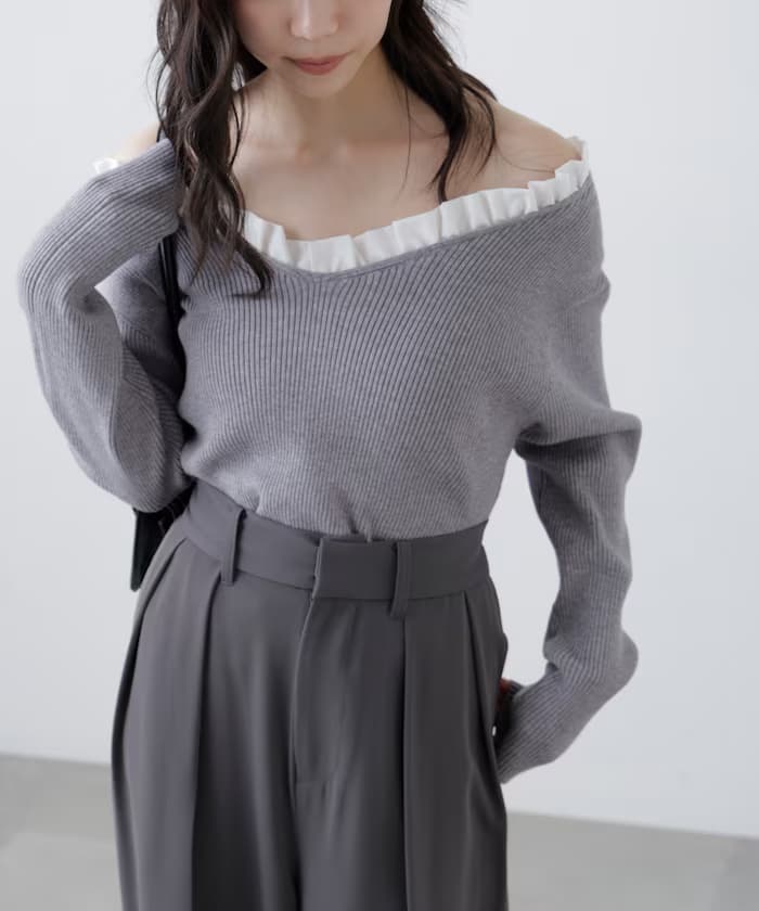 【RIO企画】荷葉邊拼接V領針織衫〈MFM〉