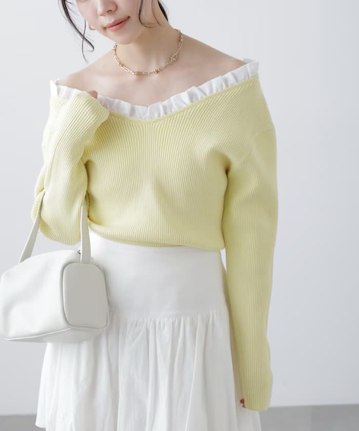 【RIO企画】荷葉邊拼接V領針織衫〈MFM〉