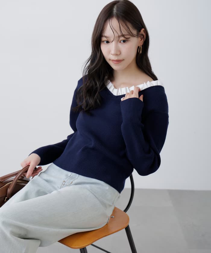 【RIO企画】荷葉邊拼接V領針織衫〈MFM〉