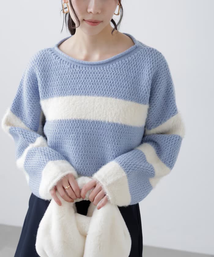 編織混搭短版橫條紋針織衫