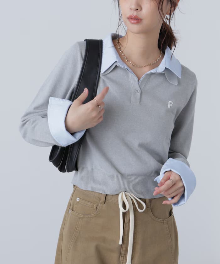衿付きレイヤード風ポロ針織衫