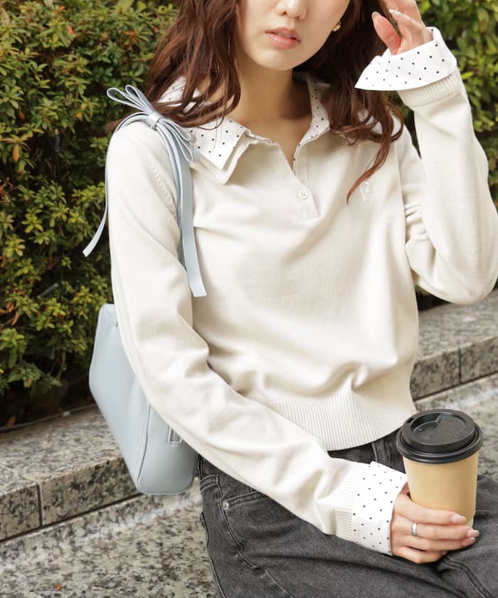 衿付きレイヤード風ポロ針織衫