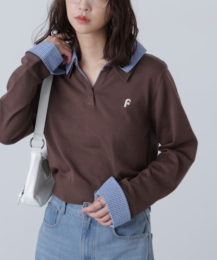 衿付きレイヤード風ポロ針織衫