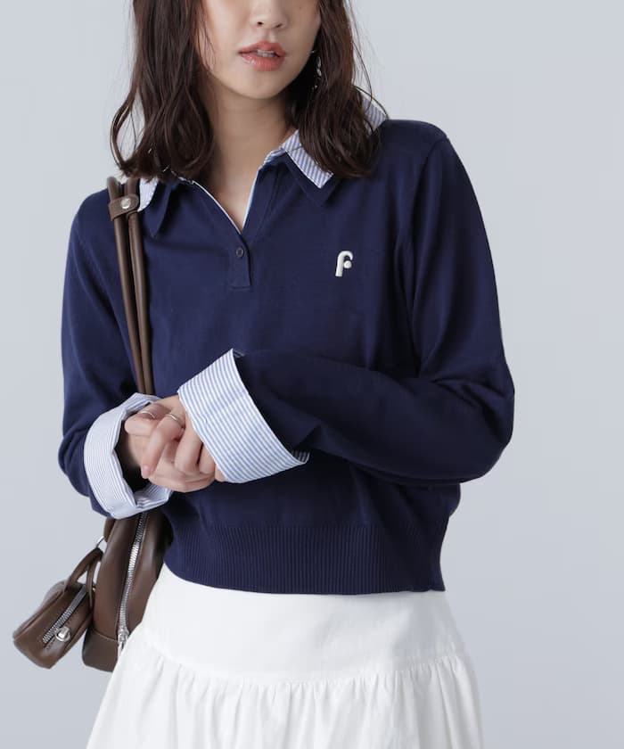 衿付きレイヤード風ポロ針織衫