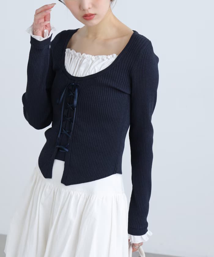 內搭拼接蕾絲綁帶羅紋針織衫