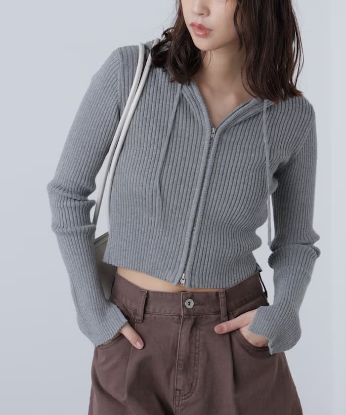 配色羅紋短版針織連帽衫