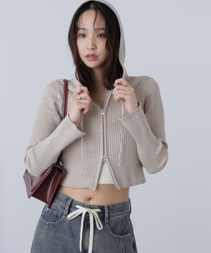 配色羅紋短版針織連帽衫