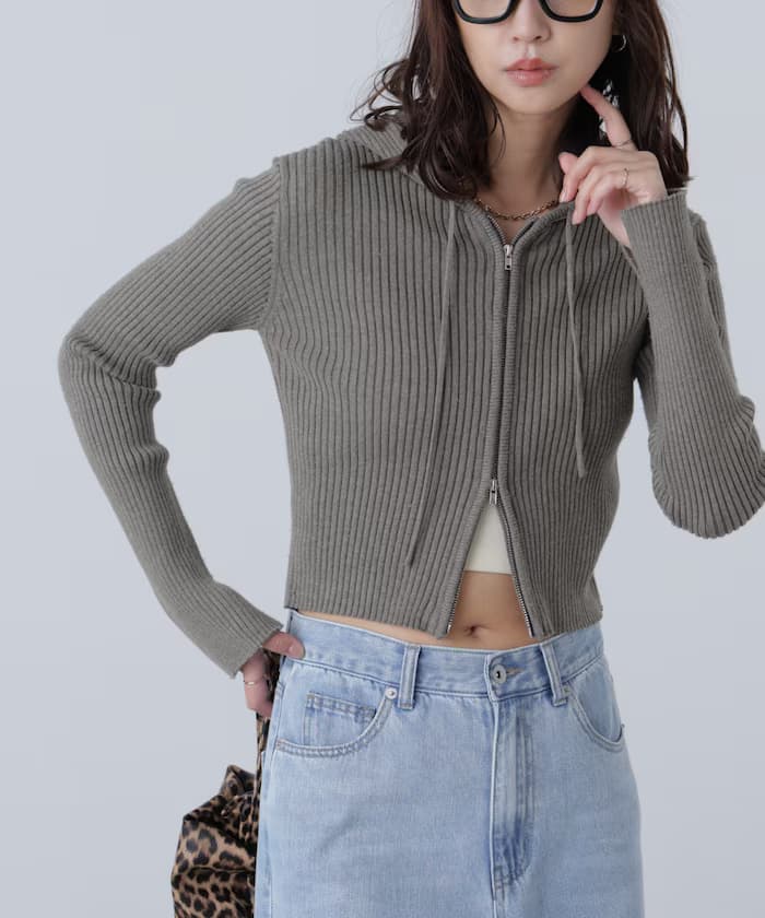 配色羅紋短版針織連帽衫