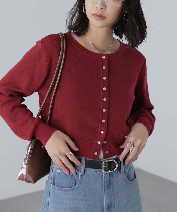 圓點鈕扣圓領針織開衫