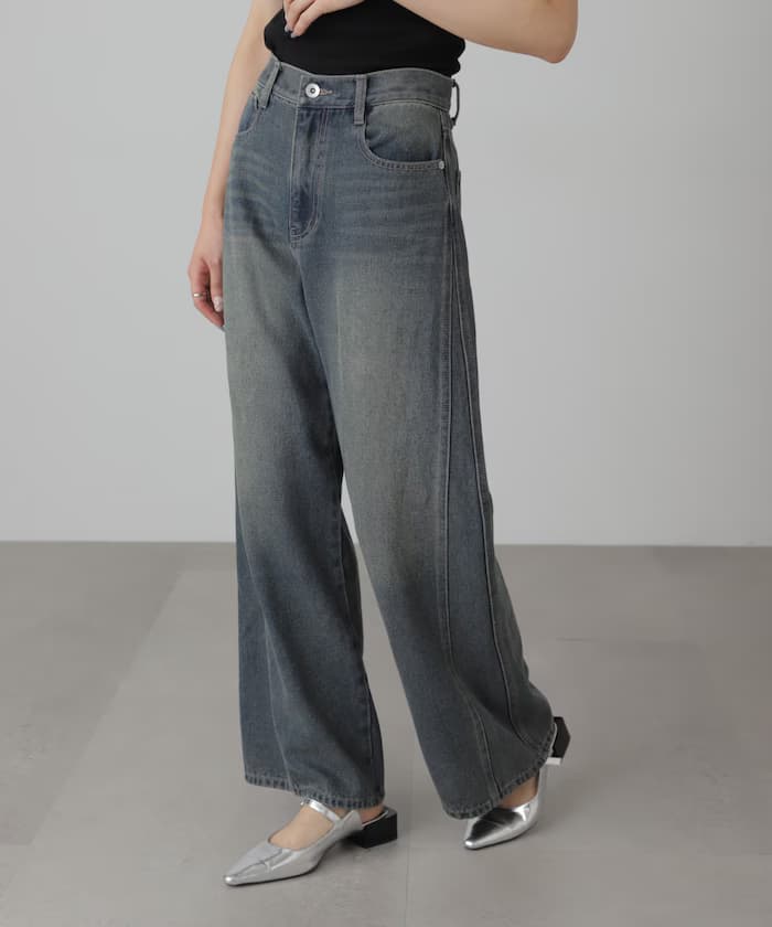 側邊拼接復古寬版丹寧褲