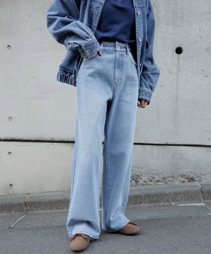 蕾絲鑲邊寬版直筒丹寧褲