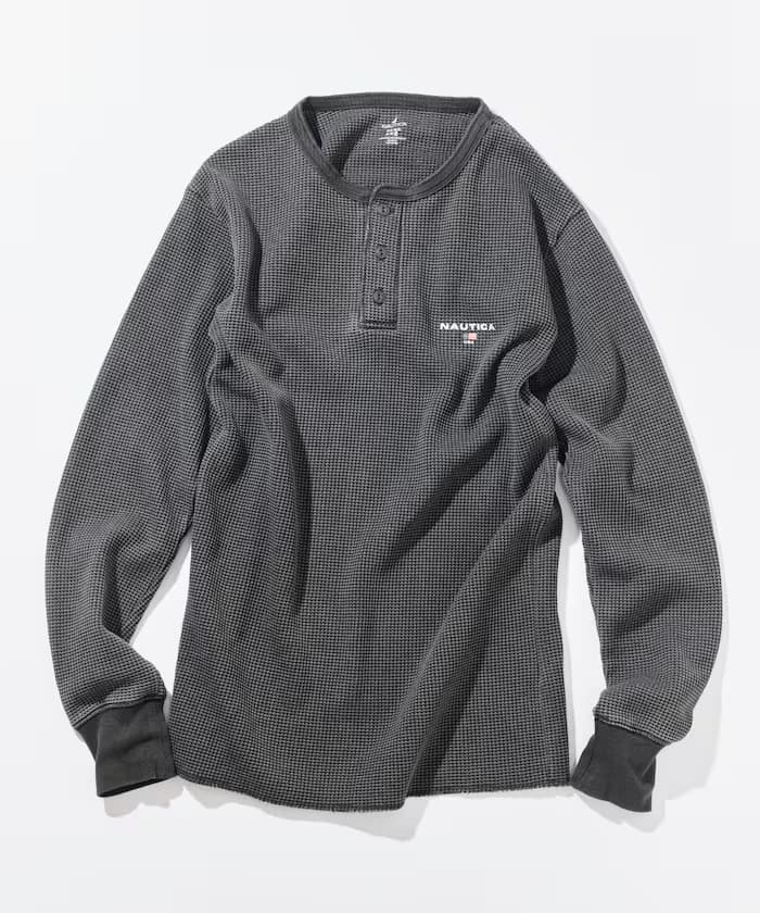 NAUTICA Essential 貼身版型 長袖 亨利領 格紋 水洗效果T恤
