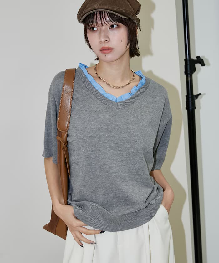 荷葉邊 Vネック 短袖 春夏針織衫 限定展開