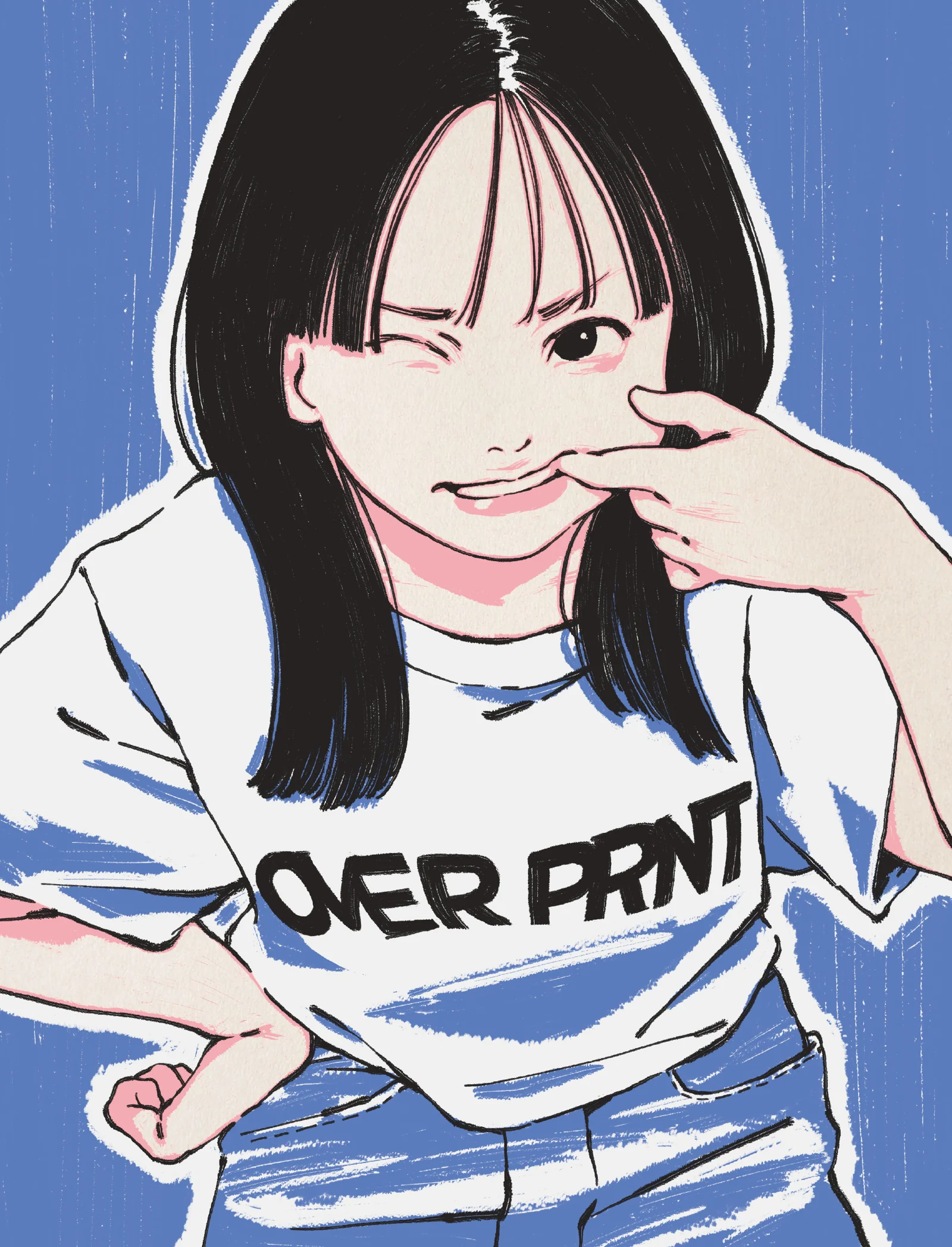 over print 品牌主視覺 — 穿著 OVER PRINT T 恤的女孩插畫